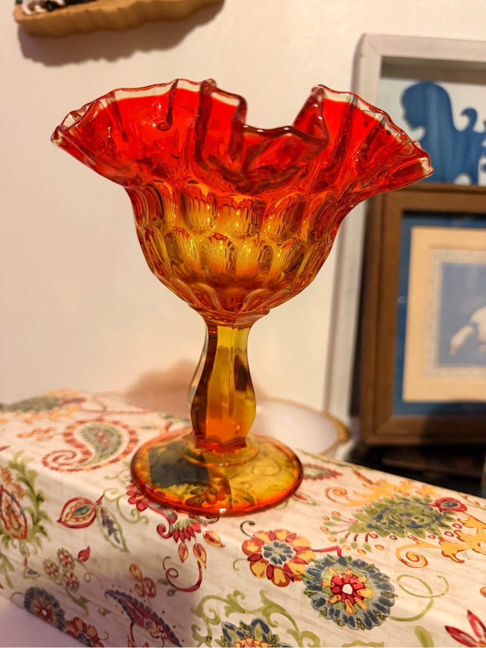 Fenton Amber and Red Ruffled Compote
